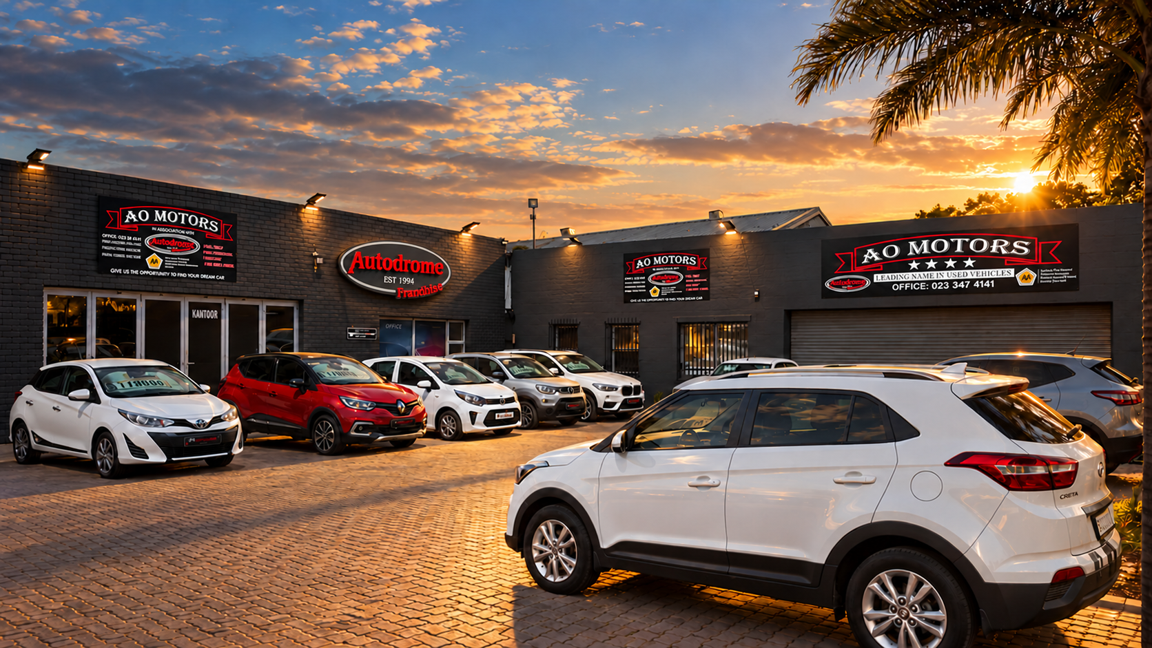 AO Motors dealership and pre-owned vehicle showroom in Worcester at sunset